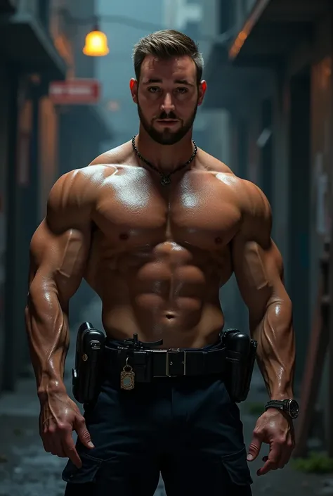 Create a realistic sexy shirtless cop character