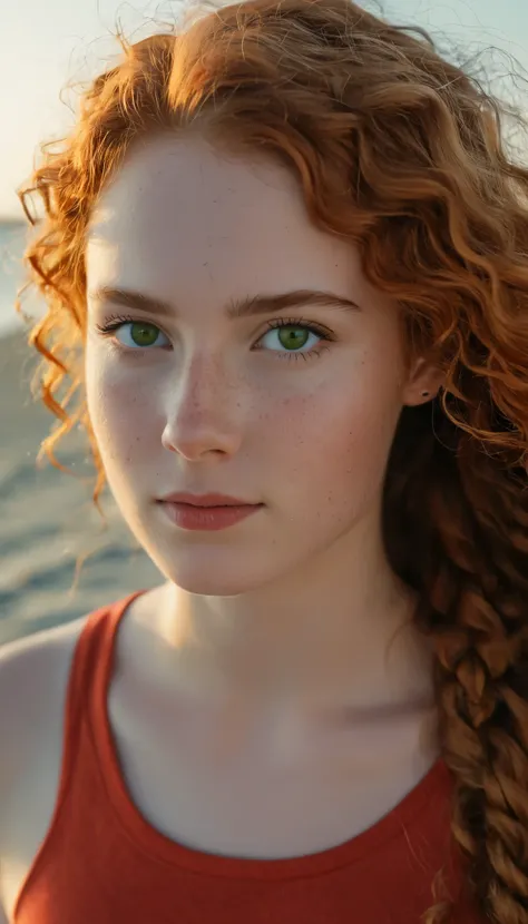 Cinematic, realistic, close-up, cinematic documentary of a realistic photo of a 20-year-old french girl, beautiful face, elegant appearance, wearing red t shirt , very long redhead nearly orange curly hair, a little braid on the left side, freckles, open g...