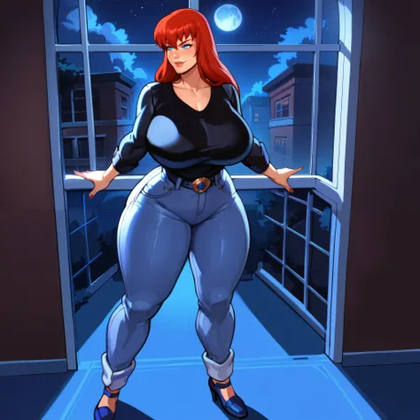 score_9, score_8_up, score_7_up, score_6_up, score_5_up, score_4_up, BREAK, 1girl, MJ, freckles arcoss face, blue eyes, dark red hair, long sleeve black shirt, dark blue long jeans, blue black shoes, long straight hair, 1girl, ((huge breasts, huge butt, th...