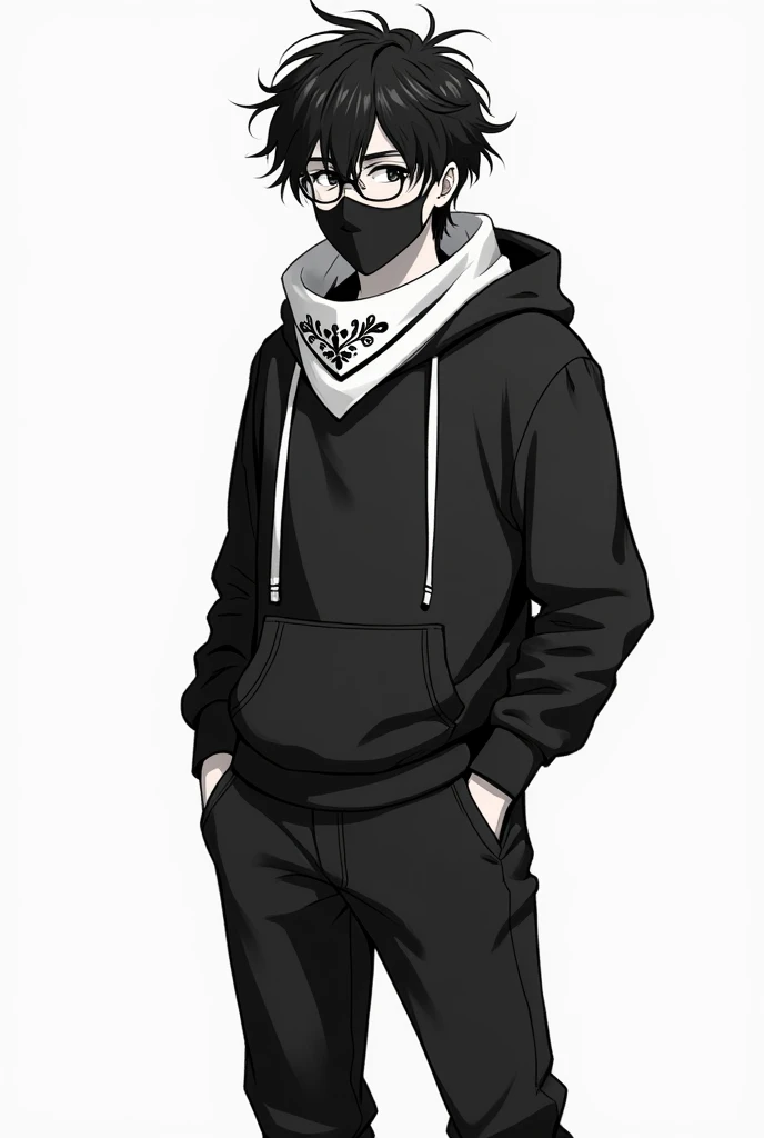  The image shows a young man with an anime drawing style or manga ,  In black and white.  
 
 drawing style: anime/manga,  with realistic details in the clothes and hair . The style is stylized ,  but with attention to detail in textures and shadows .
 
 c...