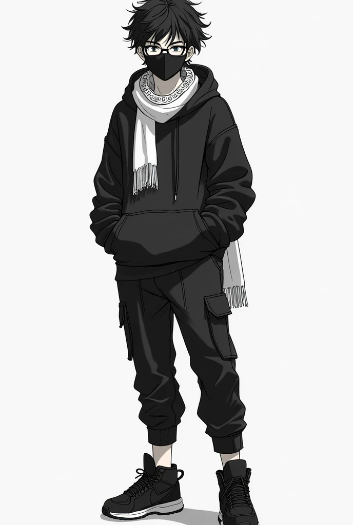  The image shows a young man with an anime drawing style or manga ,  In black and white.  
 
 drawing style: anime/manga,  with realistic details in the clothes and hair . The style is stylized ,  but with attention to detail in textures and shadows .
 
 c...