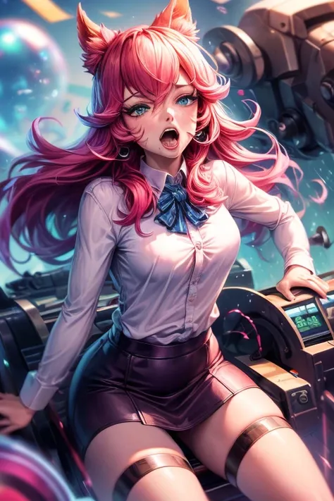   masterpiece,  high resolution,  Superb,8k
(ari , medium chest)
(skirt ,edge)
(orgasm)
(Covering the groin with hands, blouse button that the office worker tilted forward )
(Riding a rodeo machine )
(straddle)
((trembling,Bouncing ,Motion blur ))

(Heart ...