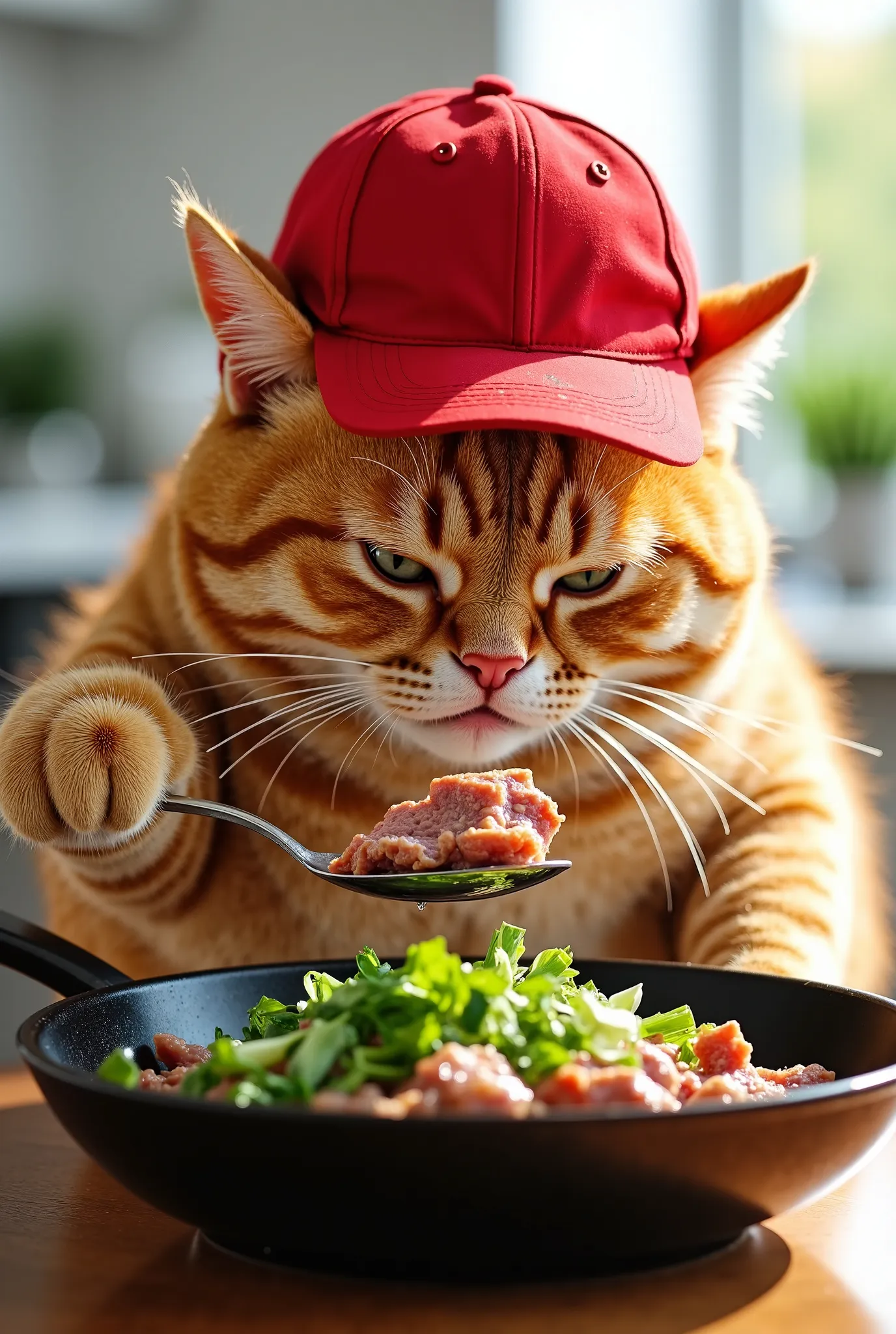 Aqui está o prompt traduzido par
"A hyper-realistic image of a chubby orange tabby cat sitting in a minimalist and elegant kitchen. The cat is intensely focused while using a spoon to eat cooked meat with scallions. The food is inside a frying pan containi...