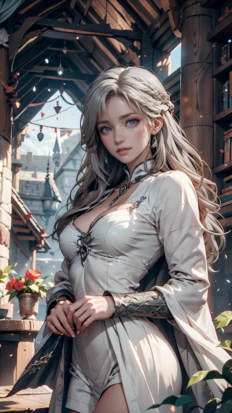 oil (Kou_Emilia Clarke), ( long hair:1.1), ( balcony surrounded by plants), (white tunic :1.1),  Perfect Thighs , ( game of thrones castle background:1.2), Atmospheric lighting, Cinematic composition,  concept art,  digital illustration ,   Details, brian ...