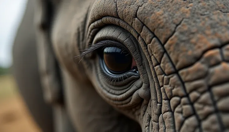 A detailed close-up of an elephant’s eye, featuring deep wrinkles, long eyelashes, and dark, soulful reflections in the pupil. The rough texture of the skin adds realism."