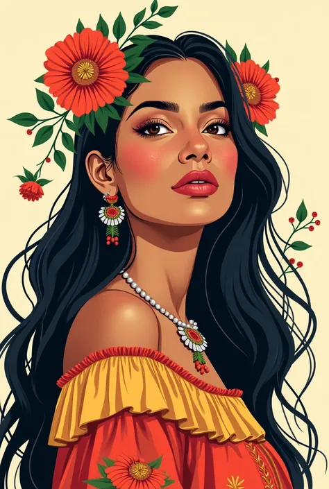 Create a very simple vectorized image of a young Mexican woman between 25 and 30 years old, traditional in Mexican culture.  