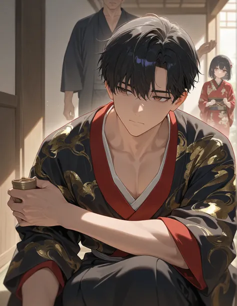 masterpiece,best quality , newest , safe, (1man), handsome man, black hair, brown eyes, black and red kimono with gold accents