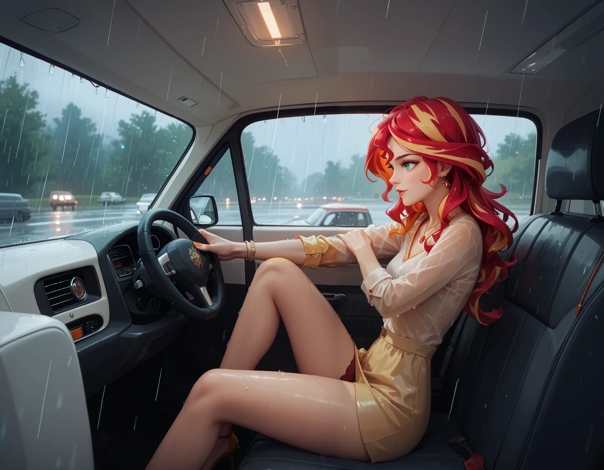 sunset shimmer, inside a van, rain outside, artistic, rating:safe, safe for work, natural censoring