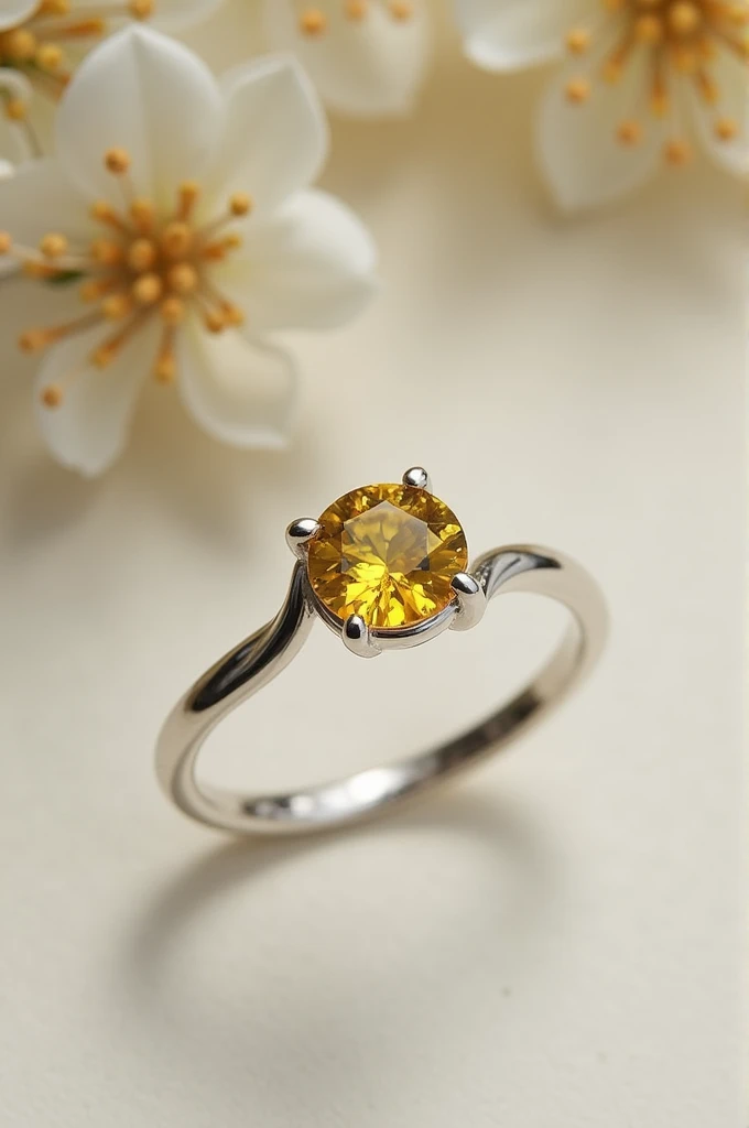 Silver ring with a small yellow stone in the middle