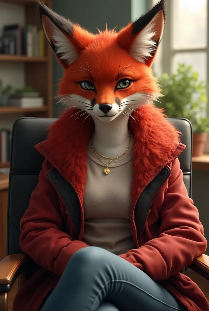 Furry red vixen with fiery red and black fur and covered with thin, young coat dressed casually sitting in a desk chair