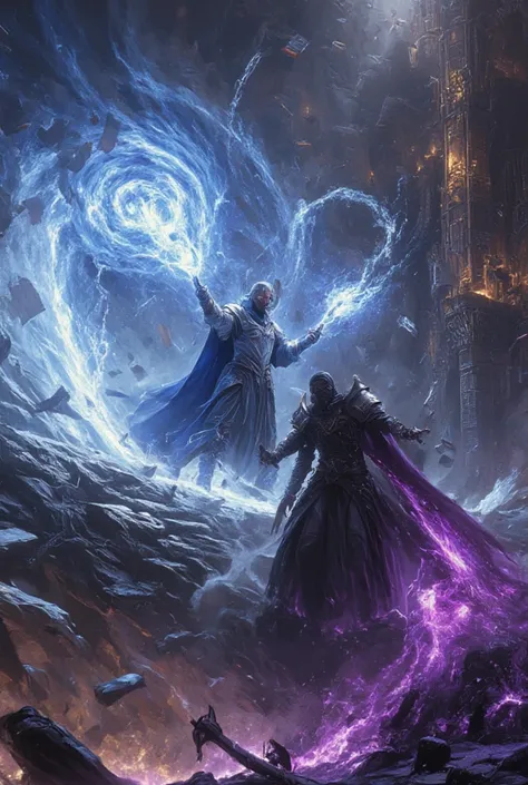 "An epic battle between a powerful wizard and a dark warlock, fighting on a massive bookshelf that resembles an ancient library. The wizard, dressed in flowing blue and silver robes, summons a swirling storm of ice and lightning, while the warlock, clad in...