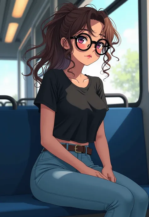 Teenage woman, white, brown eyes, curly brown, some loose strands of hair falling over her glasses, (has her hair tied in a ponytail), wearing large round glasses, full lips, flushed cheekbones, short, body with thin waist and thick legs, (wearing jeans ti...