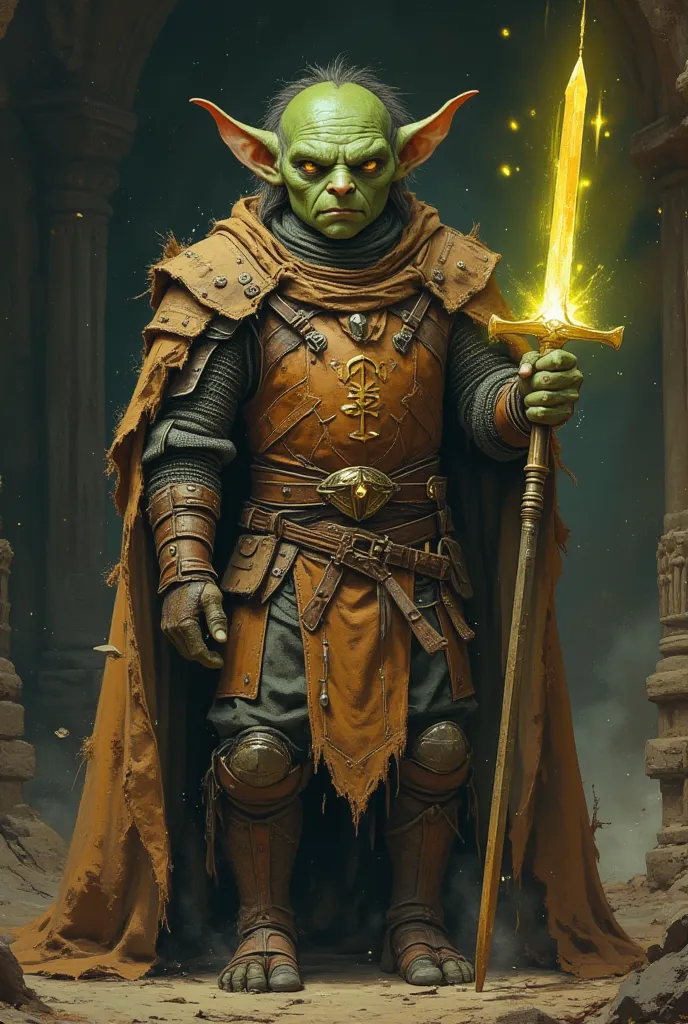 Agoblin warrior, dressed in a noble yet mismatched leather armor, trying to appear as a holy knight. He has green skin, bright golden eyes full of determination, and long pointed ears. His armor is made of worn leather, adorned with self-engraved divine sy...