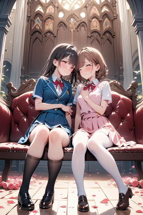 two girls, yuri, masterpiece, top quality, high definition, detailed animation, exquisite work, church , floor covered with many roses, shower of many rose petals,, a bench covered in rose petals, sensual atmosphere, sitting on the Gorgeous bench, interloc...