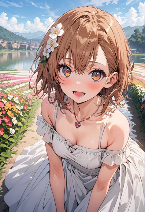 Mikoto and Misaka,  Mikoto raised ,  short hair,  brown hair,  hair ornament ,  Hair Flower,  brown eyes,smile,blush,Open your mouth white off-the-shoulder dress, heart shaped necklace , white long skirt, Heeled Sandals, standing,whole bodyがイラストに入るように,
bre...