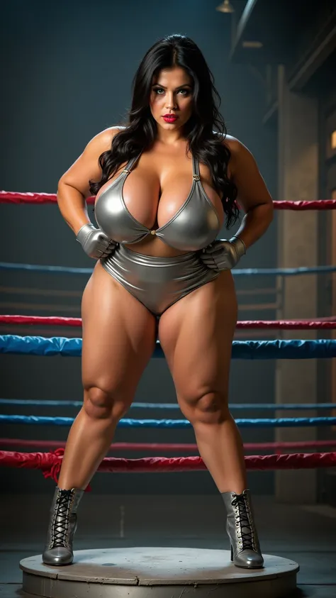 A full body portrait showcasing the entire body of a thicc curvy Latin-Israeli woman standing on a podium. Wearing a metallic grey boxing outfit. Straightened Jet-black hair, short straight hair. Metallic grey boxing shorts with a thin elasticated waistban...