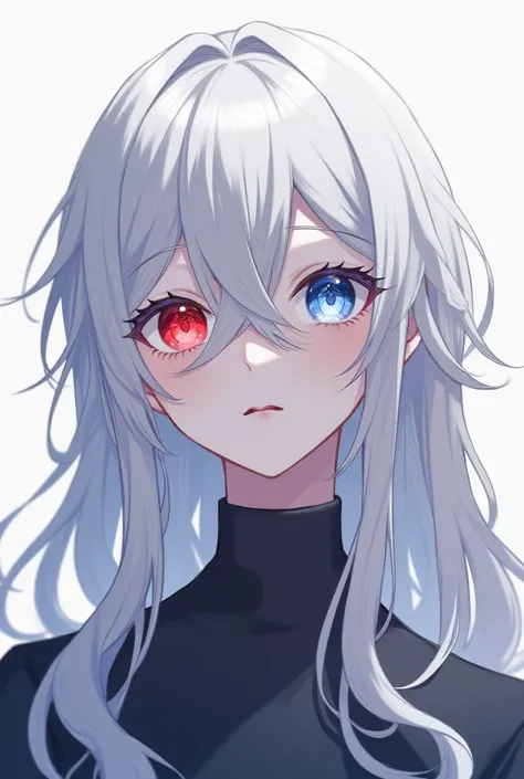  Anime boy character with white hair full to the back and with heterochromia, blue eyes on the right and red eyes on the left  


