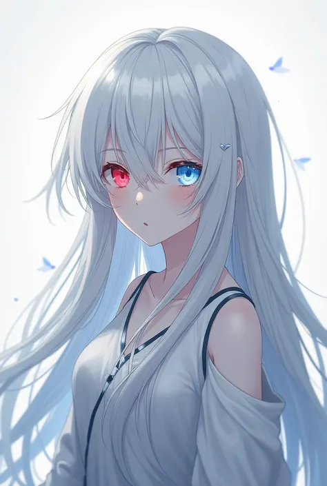  Anime boy character with white hair full to the back and with heterochromia, blue eyes on the right and red eyes on the left  


