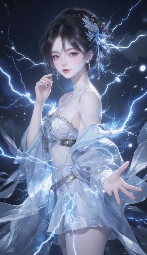 ((Highest quality)), ((masterpiece)), (detailed), A thunder spirit based on a Japanese woman, Wear lightning on your body, Wear the thunder, Dressing the Lightning, Wearing lightning,My hair is made of lightning、Personification of the spirit of thunder, 浮遊...