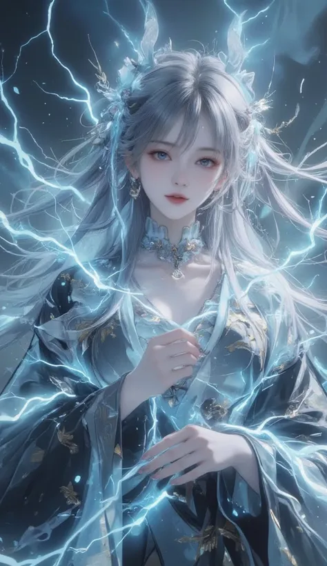 ((Highest quality)), ((masterpiece)), (detailed), A thunder spirit based on a Japanese woman, Wear lightning on your body, Wear the thunder, Dressing the Lightning, Wearing lightning,My hair is made of lightning、Personification of the spirit of thunder, 浮遊...