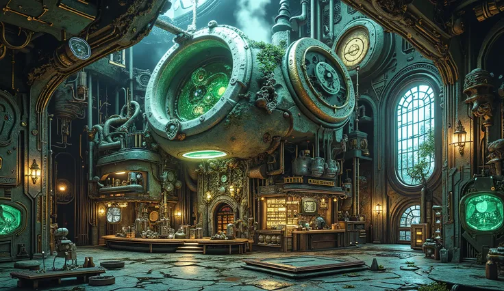 An underground temple in a steampunk-biopunk city. The temple is made of stone and brass, with steam-powered mechanisms and glowing neon crystals embedded in the walls. Organic roots and mutated plants grow throughout the space, emitting soft green and blu...
