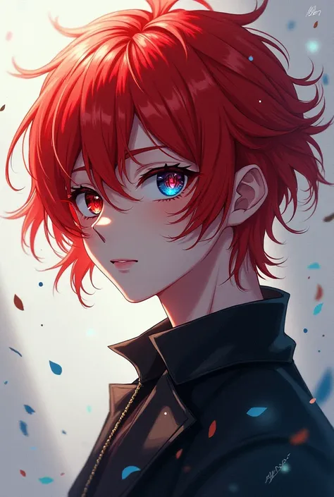 Anime boy character with red hair up to his back and with heterochromia, blue eyes on the right and red eyes on the left  


