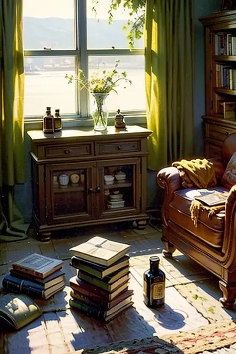  oil painting still life ,  in a historic interior , darkened room, Cinematic lighting,  contrasting light,  medicine cabinet ,  alchemical bottles, Scrolls, books, documents, dry herbs , crystals