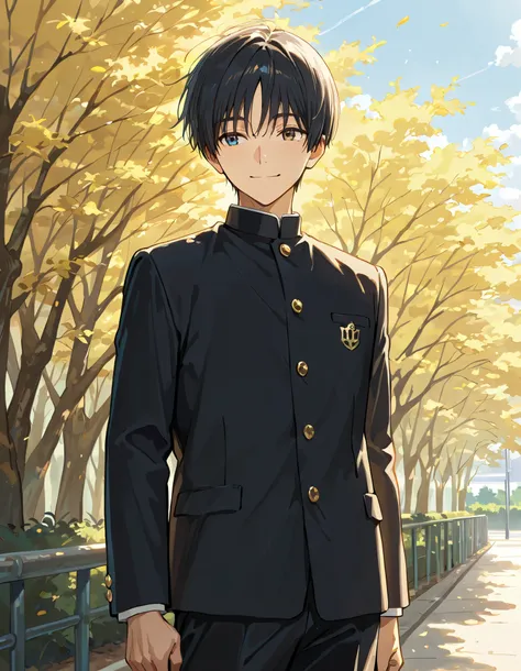 masterpiece, best quality, highres, 1boy, tall boy, black hair, straight hair, short hair,blue eyes, wearing school uniform, black uniform, black shirt, black trousers, gold color buttons, brown eyes, smile, standing, outdoor 