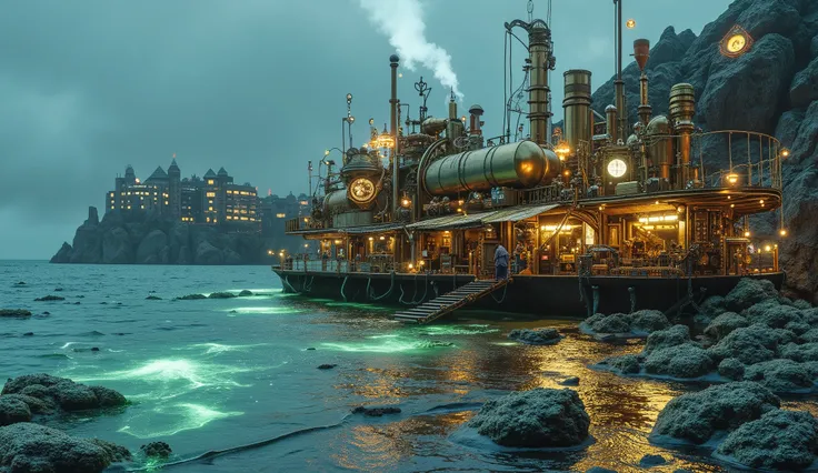 A futuristic beach in a steampunk-biopunk city. The ocean glows faintly with bioluminescent waves in shades of green and blue. A large steam-powered sea vessel rests near the shore, its brass hull covered in organic barnacles and glowing tendrils. Steam ri...