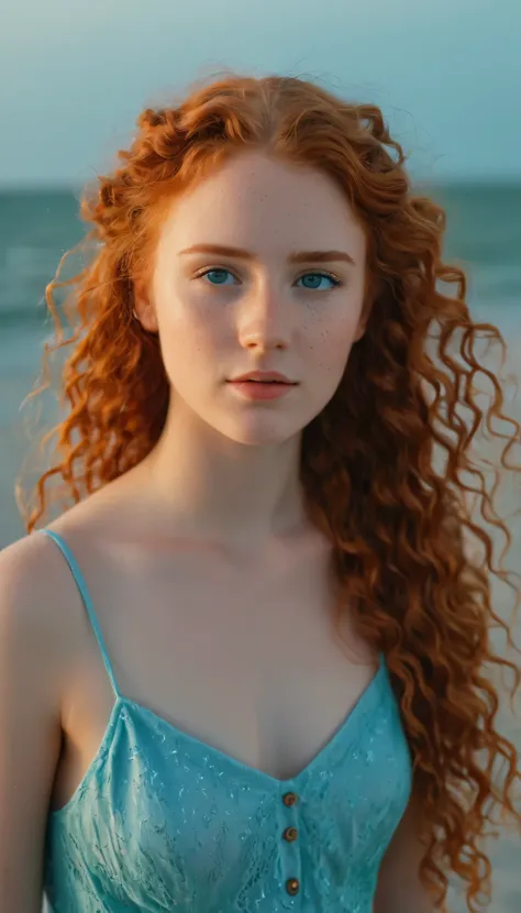 Cinematic, realistic, close-up, cinematic documentary of a realistic photo of a 20-year-old french girl, beautiful face, elegant appearance, wearing Blue Light Dress, very long redhead nearly orange curly hair, a little braid on the left side, freckles, op...