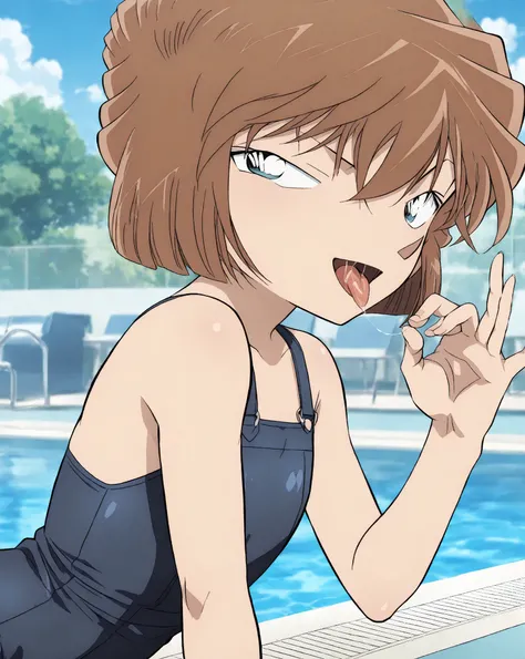 {{{Haibara Ai, brown hair,blue eye}}}, {{{school swimsuit}}}, mesugaki, loli, tsurime, teasing, naughty face,smirk, 1 girl, teenage girl,{{fellatio gesture }},shake motion, smile,open mouth,stick tongue out,sexually flirtatious glance,looking at viewer,sal...