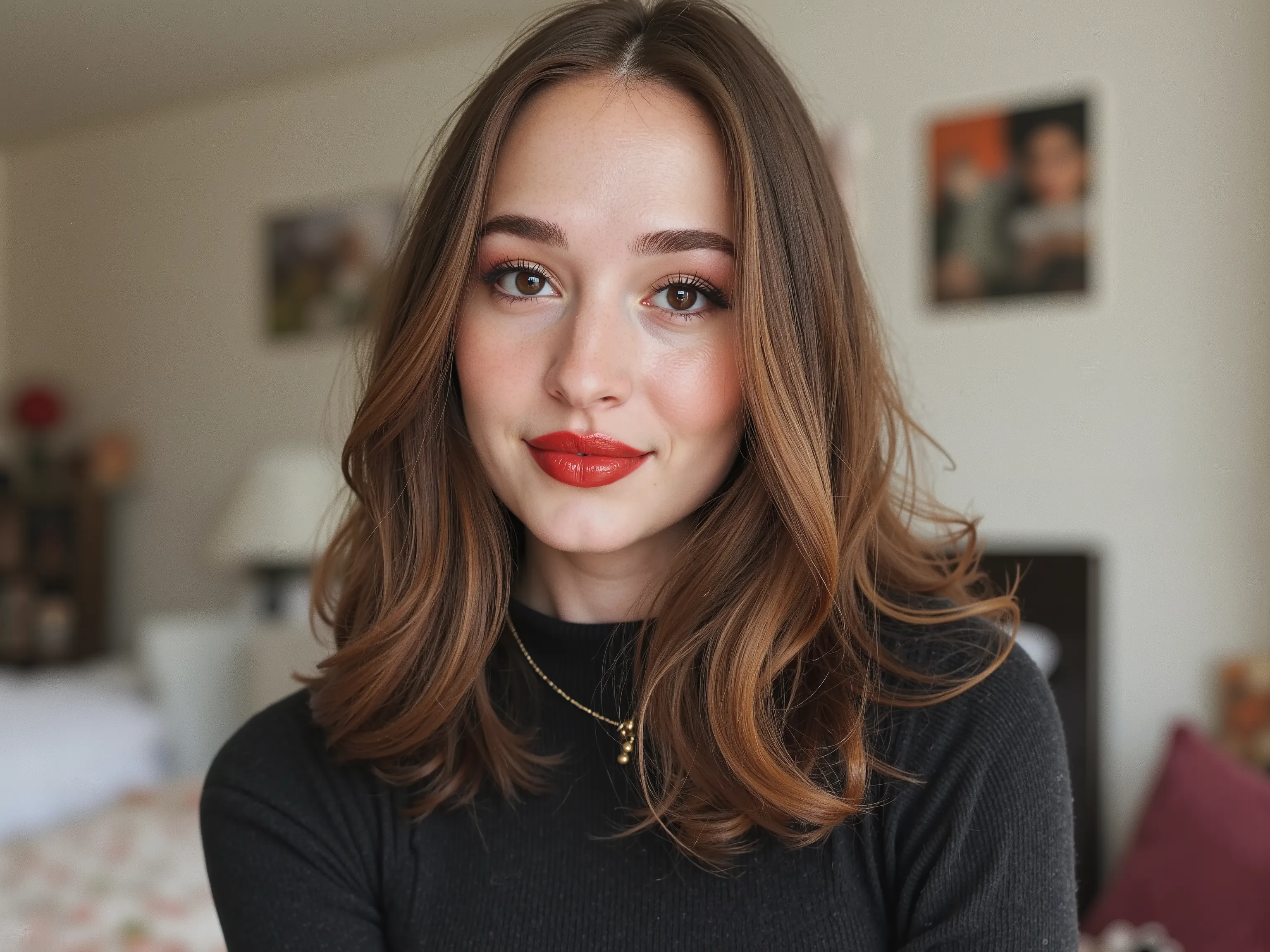 beautiful face portrait, deep red lips, lip gloss, shiny lips, eyeliner flicks, thick eyeliner, latex outfit, cute makeup, brown hair, big eyes, in a brightly lit bedroom, slutty makeup, extreme zoom on face ,