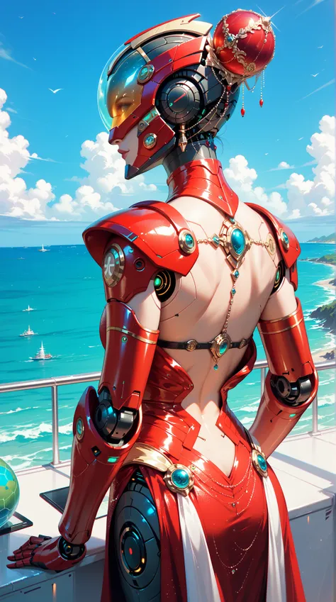  Futuristic Robot ，Artificial Human，explore， Uncover Your Face ， Mystery，ocean，sphere，Work clothes， Elegant Body Costume ，Back of the head ，Red Battle Armor， 8-bit game ，