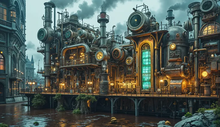 A massive bio-steam factory in a steampunk-biopunk city. The factory is dominated by towering brass and bronze machinery, with glowing neon-green and blue bio-fluids flowing through translucent tubes. Steam vents release clouds of vapor, blending with the ...