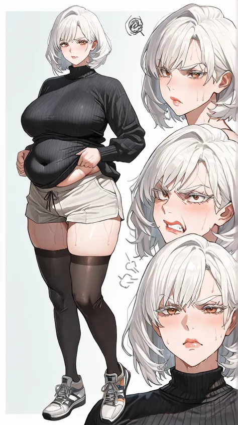 (( best quality without water)), (( masterpiece)), ( Detailed ),   hot and sexy girl ,  middle-aged woman,  Milf, belly folds,  chubby body,  thick lips ,  white hair,  short hair, white eyebrows ,  White eyelashes, 얼굴에 Extreme sweat , Extreme sweat ,  wit...