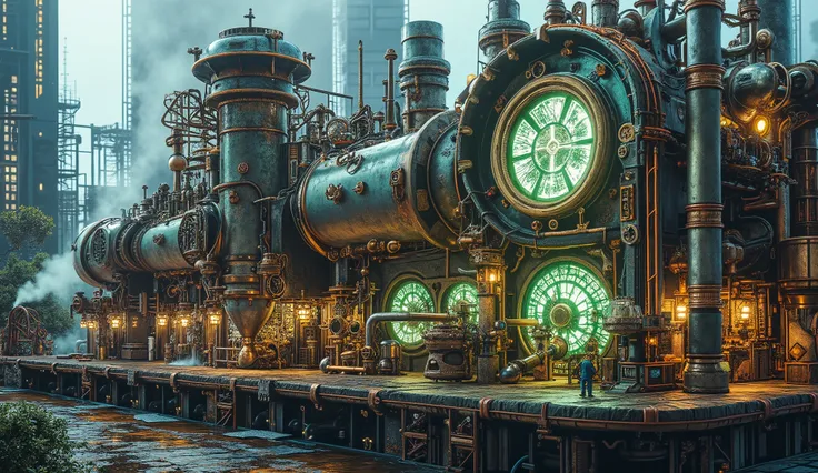 A massive bio-steam factory in a steampunk-biopunk city. The factory is dominated by towering brass and bronze machinery, with glowing neon-green and blue bio-fluids flowing through translucent tubes. Steam vents release clouds of vapor, blending with the ...