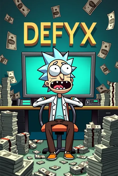 A cartoon-style image of Rick Sanchez, looking quirky and eccentric, sitting in a room filled with money scattered across the floor and stacks of bills. In front of him is a large computer running a memecoin. The wall behind him features the name 'Defyx' i...