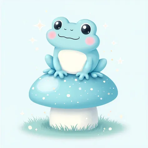 A cute pastel blue frog sitting on top of a soft blue mushroom, surrounded by tiny sparkles and gentle lighting. The design has a kawaii aesthetic with soft shading and a dreamy atmosphere. simple and minimalistic style.