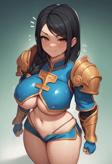 score_9, score_8_up, score_7_up, source_anime, best quality, clear face, 1girl, black hair, orange eyes, long hair, large breasts, perfect body, standing, looking at viewer,embrassed cute nervous,smug , mouth,watered eyes, china d, dynamic angle, wet,blush...