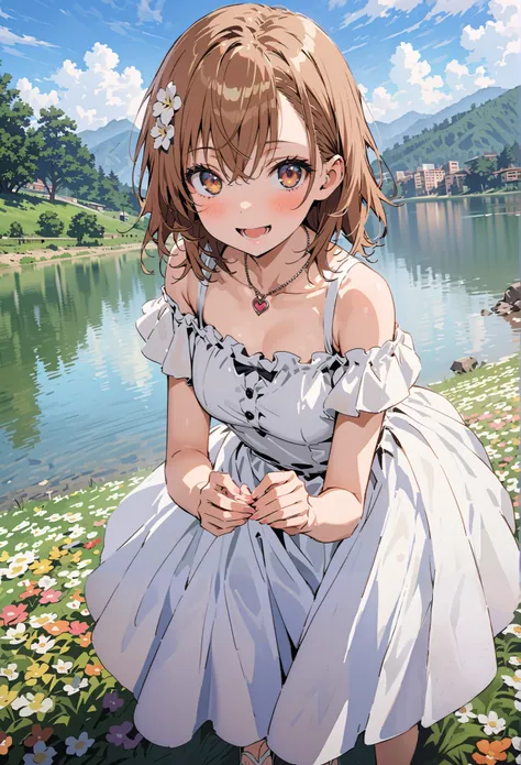 Mikoto and Misaka,  Mikoto raised ,  short hair,  brown hair,  hair ornament ,  Hair Flower,  brown eyes,smile,blush,Open your mouth white off-the-shoulder dress, heart shaped necklace , white long skirt, Heeled Sandals, standing,whole bodyがイラストに入るように,
bre...