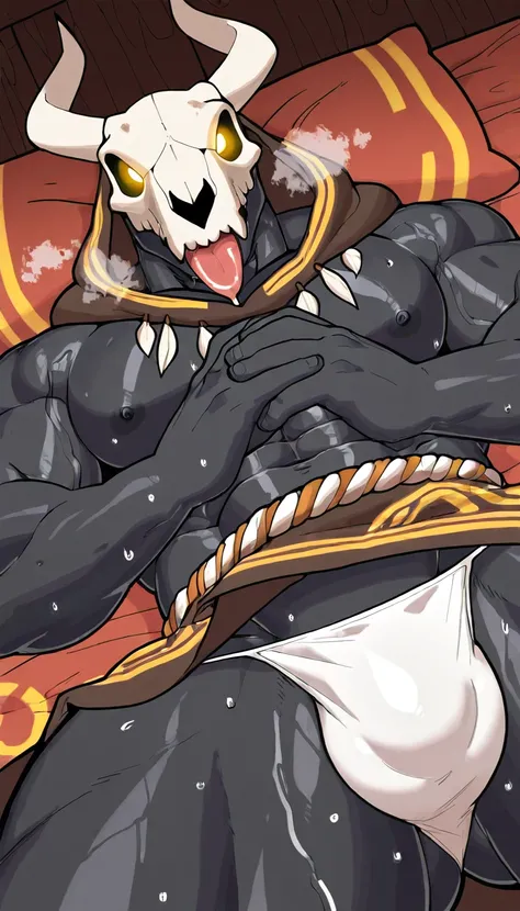 Highest qualiti,perfect anatomy,animal skull head,black skin,male wearing white panties,tribe robe,holding tribe stuff in your hands,skimpy,bara,glowing eyes,big bulging crotch,lying on tribe bed,sweat,view from below,white steam,skimpy,tongue,drool,dynami...