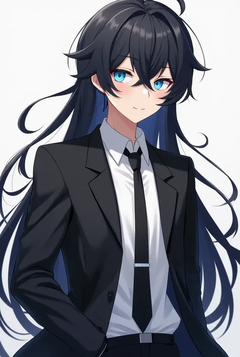 adult anime boy with black jacket and white shirt and black tie and blue eyes and long black hair with tail 