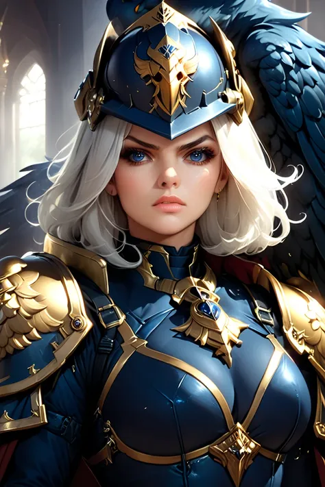 a close up of a stunningly beautiful woman wearing a helmet, stunningly beautiful woman as a space marine, (aesthetics), regal dark blue clothes, discord mod, gryphon, inquisition, very handsome, blair armitage, strong leader, , highly reaslitic, action po...