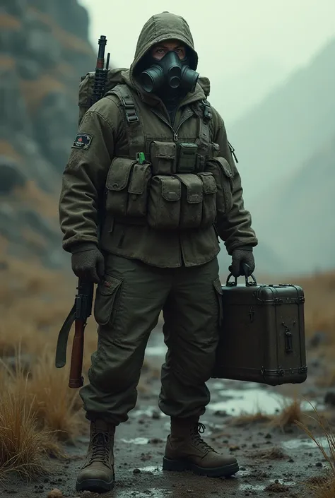 A soldier with a gas mask and an AK47 gun on his back holding a luminous briefcase 