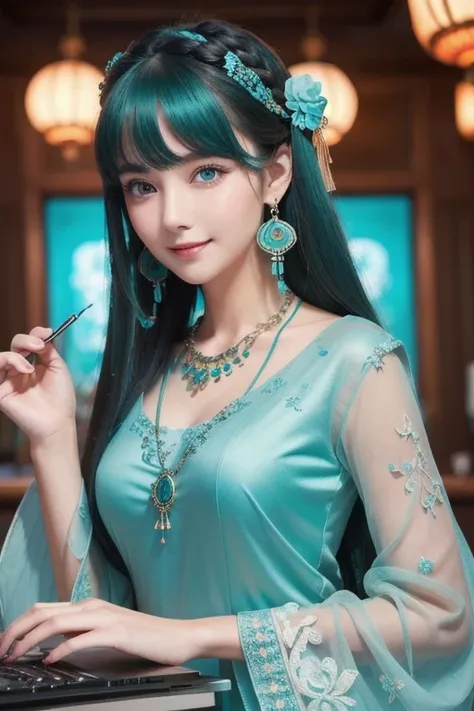 Masterpiece,  best quality ,  Ultra Details, illustration,( 1 girl), eyes drawn in beautiful detail,  Watch Your Audience, ( Hold up the computer keyboard ),  happy, ( turquoise hair:1), (Blue round eyes:1), (Round earrings), ( large turquoise jewelry neck...