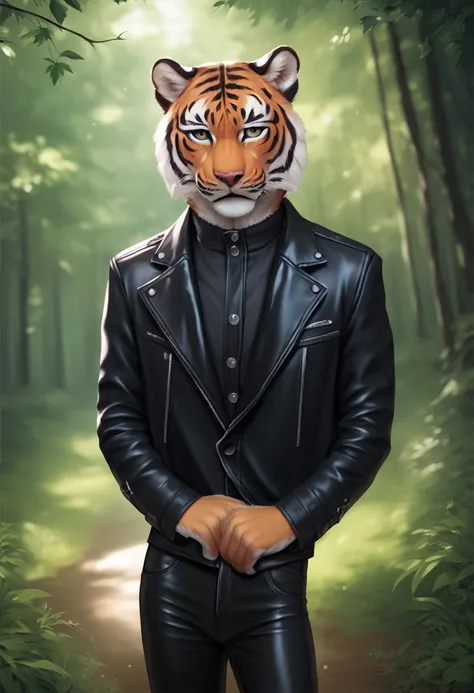 score_9, score_8_up, score_7_up, Anime Style, Portrait, anthropomorphic tiger, dressing black leather jacket, in a dense forest, depth of field, sharp, dynamic angle, realistic fur, art photography, photorealism:1.2, UHD, hyperdetailed:1.15