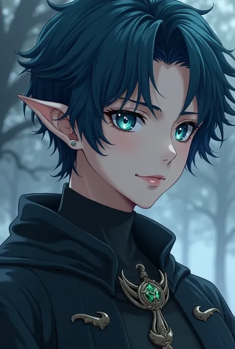 He is a man (OMEGA)  dark blue hair,  his hair is short to the back of his neck , The lips are pale pink . His eyes are dark blue with emerald green., its pupil is like the wing of a star.  he has a somewhat innocent but also rough face ,  his ears are lik...