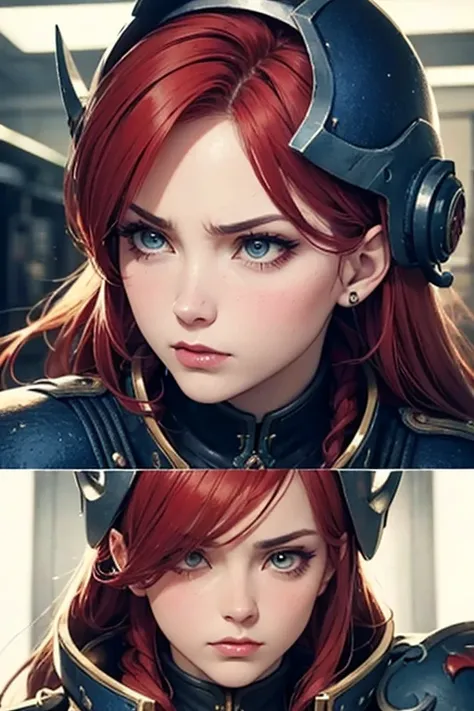 a close up of a stunningly beautiful red hair woman wearing a helmet, stunningly beautiful woman as a space marine, (aesthetics), regal dark blue clothes, discord mod, gryphon, inquisition, very handsome, blair armitage, strong leader, , highly reaslitic, ...