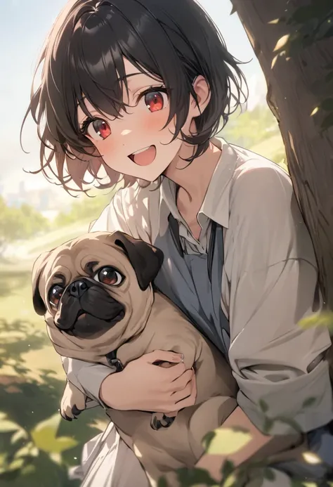    masterpiece,   excellent quality    ,   man , WHITE LEATHER FUND ,   black hair ,   short hair , Red eyes  ,   dressed in school uniform,  Under a tree  , cheerful look  ,     Beautiful face,  attractive,  holding a pug dog  , happy .