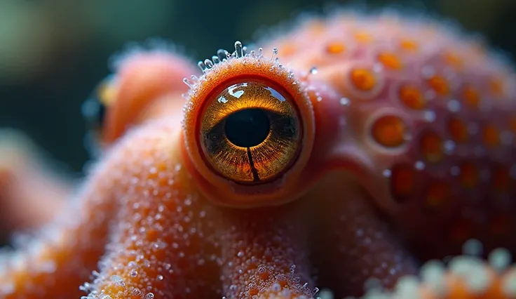 A close-up of an octopus’s large, round, expressive eye with a golden iris and a horizontal slit pupil. The soft, textured skin around the eye should have shades of red, orange, or purple, blending into an underwater background."